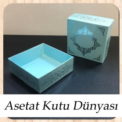 8x8x3 Altı Mavi Üzerine Gümüş Saray Desenli Karton, Üstü Asetat Kutu