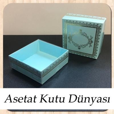 8x8x3 Altı Mavi Üzerine Gold Kilim Desenli Karton, Üstü Asetat Kutu