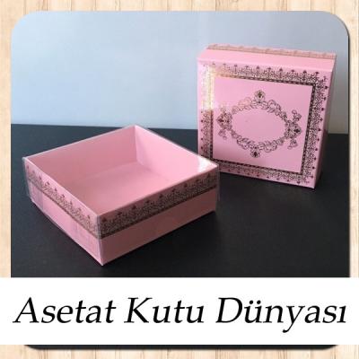 8x8x3 Altı Pembe Üzerine Gold Kilim Desenli Karton, Üstü Asetat Kutu