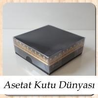 8x8x3 Altı Siyah Üzerine Gold Kilim Desenli Karton, Üstü Asetat Kutu