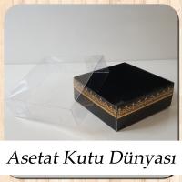 8x8x3 Altı Siyah Üzerine Gold Kilim Desenli Karton, Üstü Asetat Kutu
