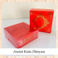 8x8x3 Altı Kırmızı Üzerine Gold Saray Desenli Karton, Üstü Asetat Kutu
