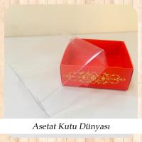 8x8x3 Altı Kırmızı Üzerine Gold Saray Desenli Karton, Üstü Asetat Kutu