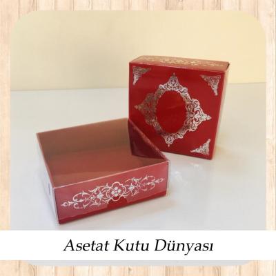 8x8x3 Altı Bordo Üzerine Gümüş Saray Desenli Karton, Üstü Asetat Kutu