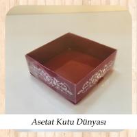 8x8x3 Altı Bordo Üzerine Gümüş Saray Desenli Karton, Üstü Asetat Kutu