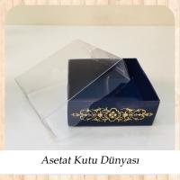 8x8x3 Altı Lacivert Üzerine Gold Saray Desenli Karton, Üstü Asetat Kutu