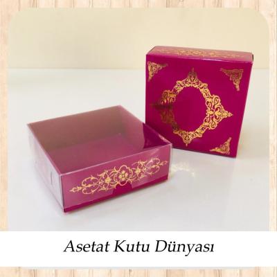 8x8x3 Altı Mor Üzerine Gold Saray Desenli Karton, Üstü Asetat Kutu