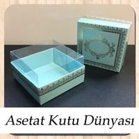 8x8x4 Altı Mavi Üzerine Gold Kilim Desenli Karton, Üstü Asetat Kutu