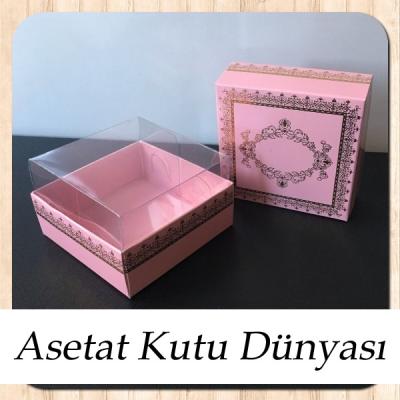 8x8x4 Altı Pembe Üzerine Gold Kilim Desenli Karton, Üstü Asetat Kutu