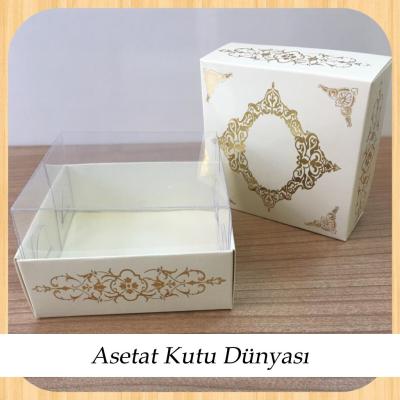 8x8x4 Altı Krem Üzerine Gold Saray Desenli Karton, Üstü Asetat Kutu