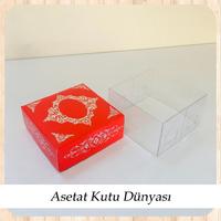 8x8x4 Altı Kırmızı Üzerine Gümüş Saray Desenli Karton, Üstü Asetat Kutu