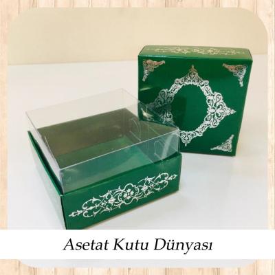8x8x4 Altı Yeşil Üzerine Gümüş Saray Desenli Karton, Üstü Asetat Kutu