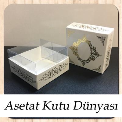 8x8x5 Altı Beyaz Üzerine Gold Saray Desenli Karton, Üstü Asetat Kutu