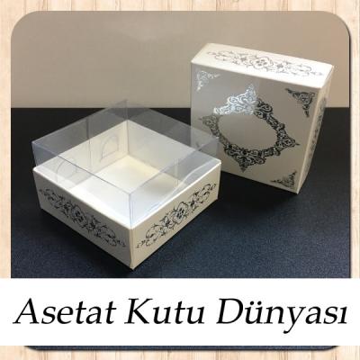 8x8x5 Altı Beyaz Üzerine Gümüş Saray Desenli Karton, Üstü Asetat Kutu