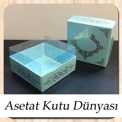 8x8x5 Altı Mavi Üzerine Gold Saray Desenli Karton, Üstü Asetat Kutu