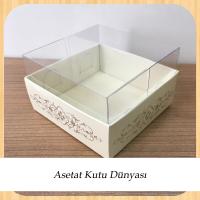 8x8x5 Altı Krem Üzerine Gümüş Saray Desenli Karton, Üstü Asetat Kutu
