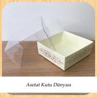 8x8x5 Altı Krem Üzerine Gümüş Saray Desenli Karton, Üstü Asetat Kutu
