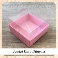 8x8x5 Altı Pembe Mermer Desenli Karton Üstü Asetat Kutu