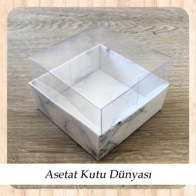8x8x5 Altı Beyaz Mermer Desenli Karton Üstü Asetat Kutu