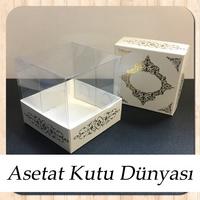 8x8x8 Altı Beyaz Üzerine Gold Saray Desenli Karton, Üstü Asetat Kutu