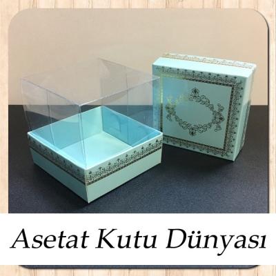8x8x8 Altı Mavi Üzerine Gold Kilim Desenli Karton, Üstü Asetat Kutu