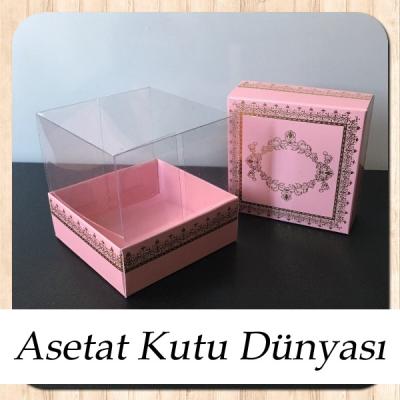 8x8x8 Altı Pembe Üzerine Gold Kilim Desenli Karton, Üstü Asetat Kutu