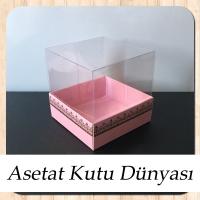 8x8x8 Altı Pembe Üzerine Gold Kilim Desenli Karton, Üstü Asetat Kutu