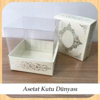 8x8x8 Altı Krem Üzerine Gümüş Saray Desenli Karton, Üstü Asetat Kutu