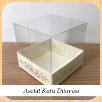 8x8x8 Altı Krem Üzerine Gümüş Saray Desenli Karton, Üstü Asetat Kutu