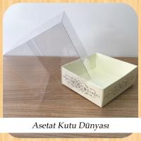 8x8x8 Altı Krem Üzerine Gümüş Saray Desenli Karton, Üstü Asetat Kutu