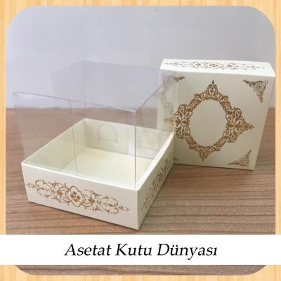 8x8x8 Altı Krem Üzerine Gold Saray Desenli Karton, Üstü Asetat Kutu