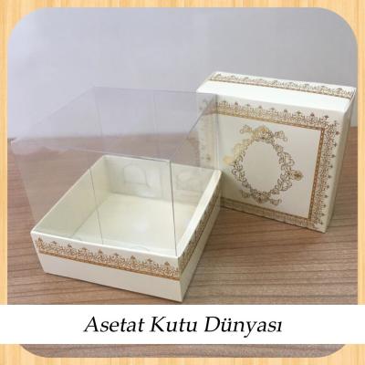 8x8x8 Altı Krem Üzerine Gold Kilim Desenli Karton, Üstü Asetat Kutu