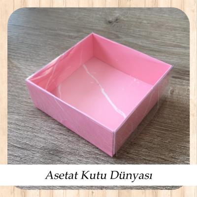 9x9x3 Altı Pembe Mermer Desenli Karton Üstü Asetat Kutu