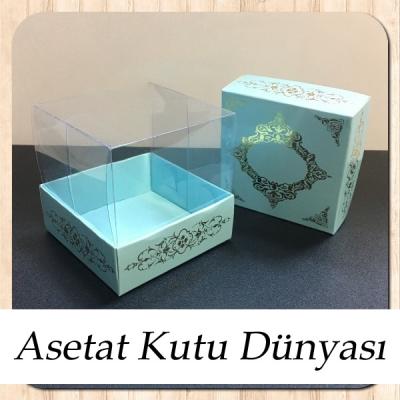 8x8x8 Altı Mavi Üzerine Gold Saray Desenli Karton, Üstü Asetat Kutu